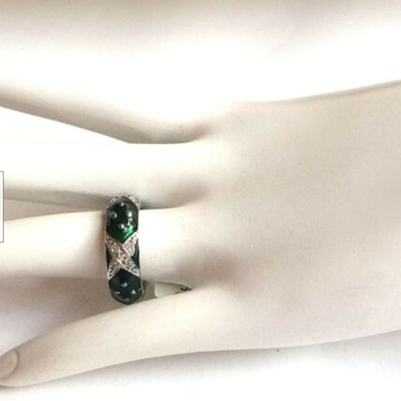 Silver Green Enamel Cubic Zirconia Ring Size 8 9 Band Rhodium Plated Stackable - Picture 5 of 8